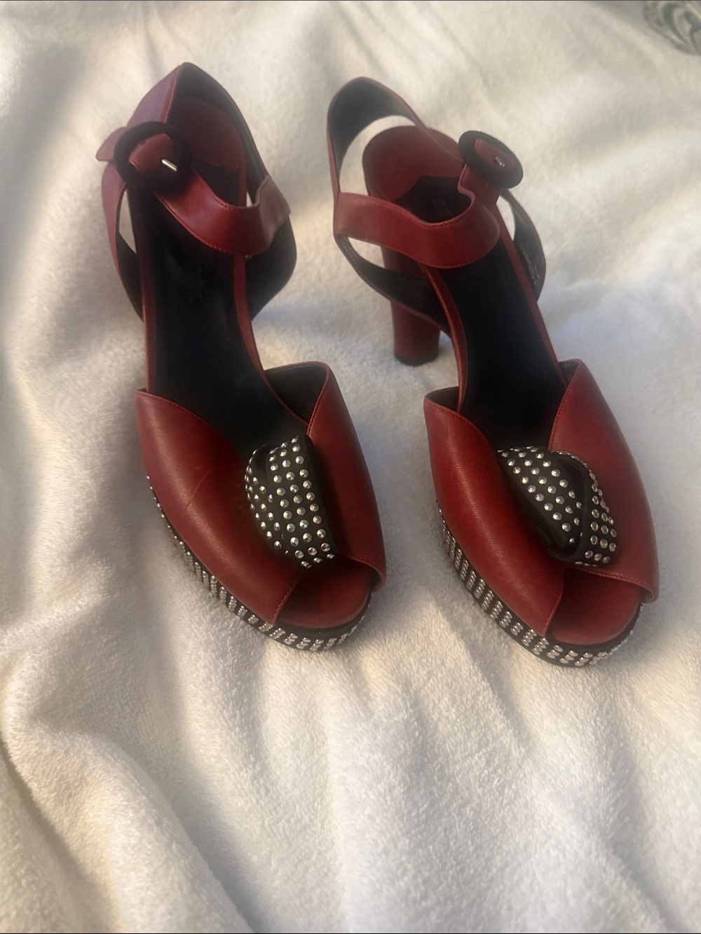 Sonia Rykiel Burgundy Studded Peep-Toe Block Heels with Ankle Strap